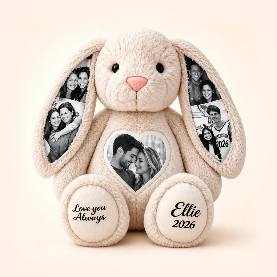 Personalized bunny plush with heart and ear photos