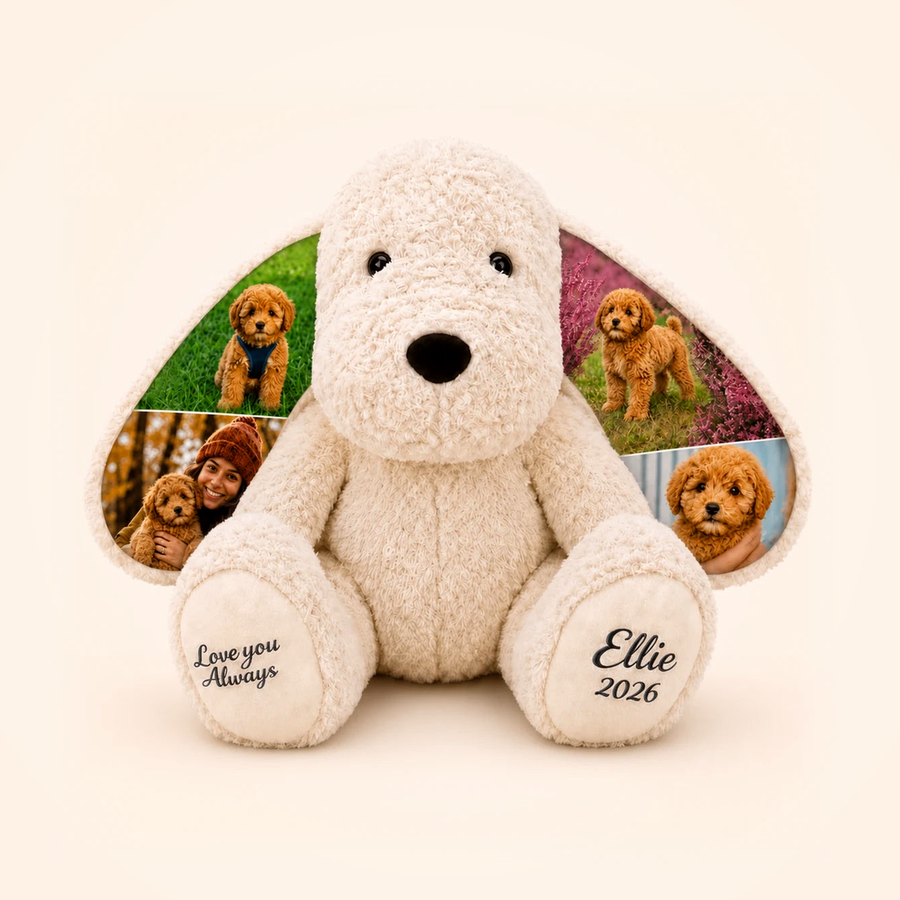 Personalized dog memorial plush with photo ears