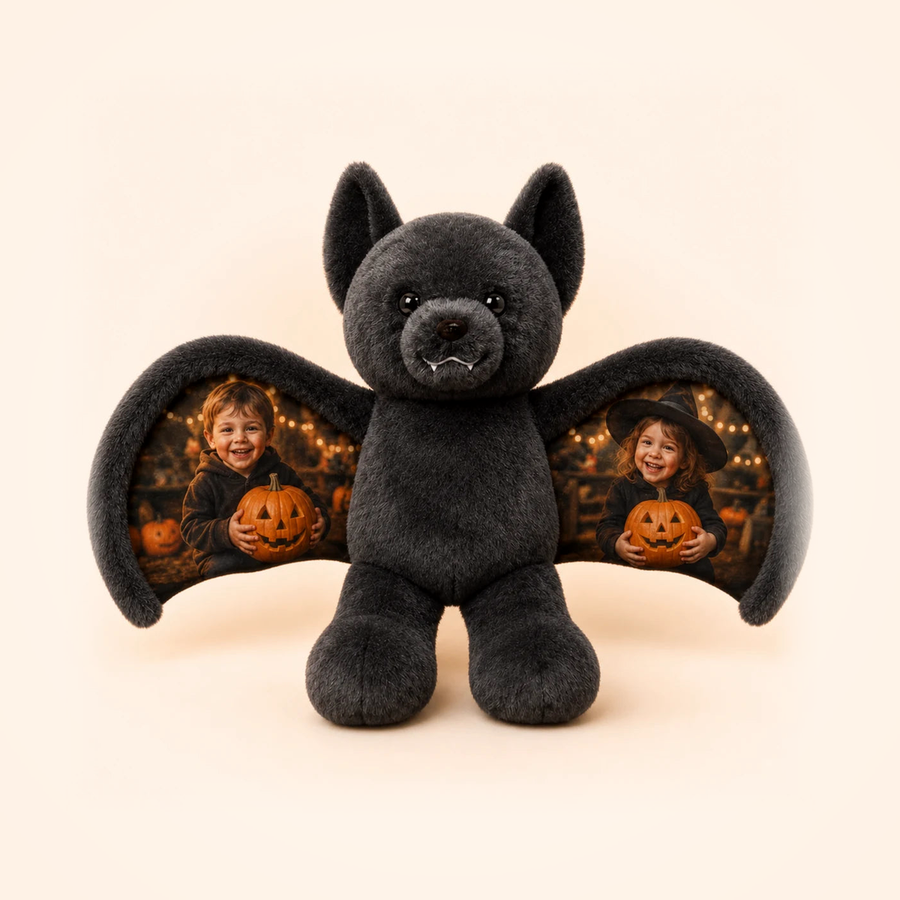 Personalized Halloween bat plush with photo wings