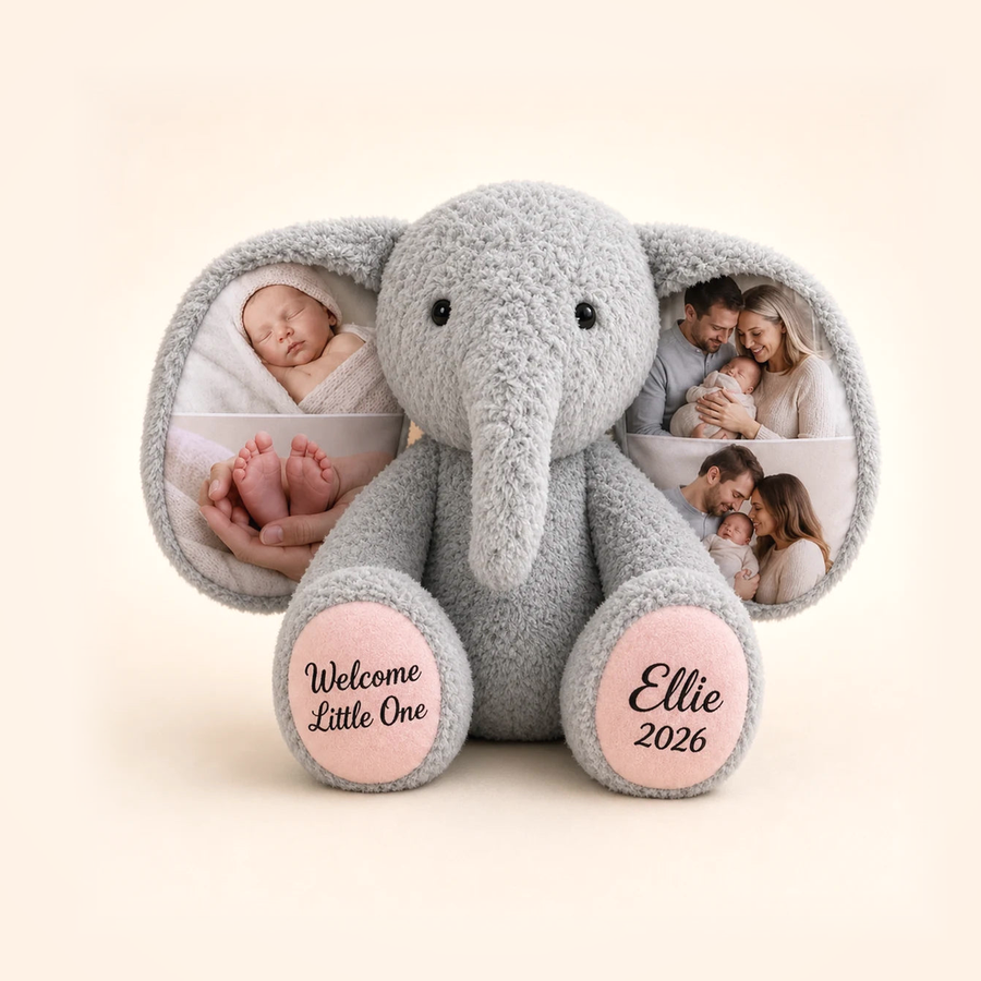 Personalized memory elephant plush with baby photos
