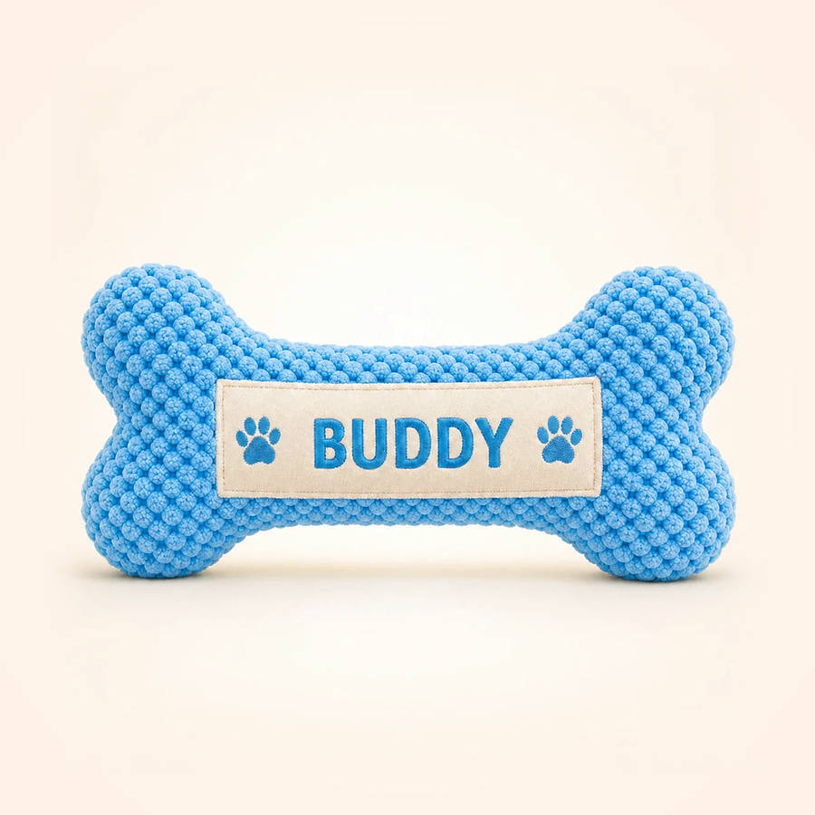 Personalized blue squeaky bone dog toy