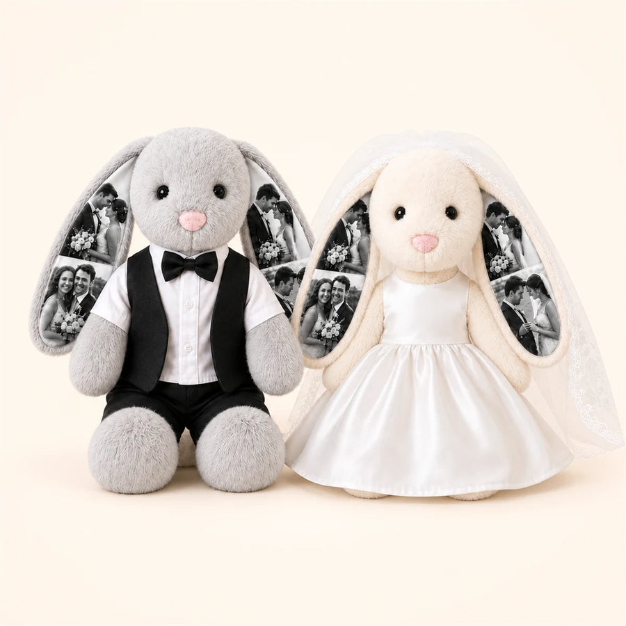 Personalized bride and groom wedding bunny plush pair with photo ears