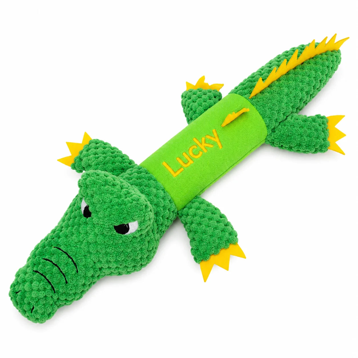 Custom embroidered crocodile dog toy with Lucky name on white background