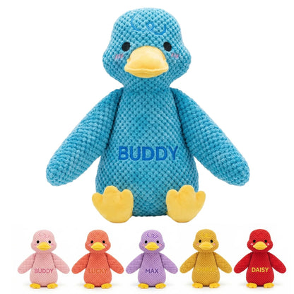Personalized blue duck dog toy with custom embroidered name and color options