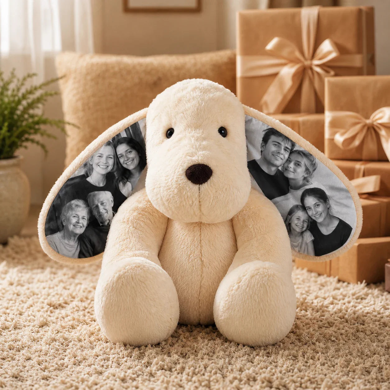 Personalized dog plush with custom photo ears main product image