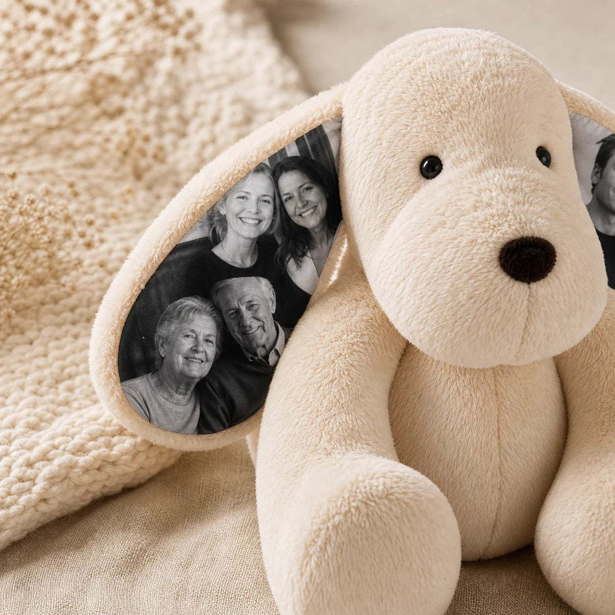 Close up detail of dog plush photo printed ears