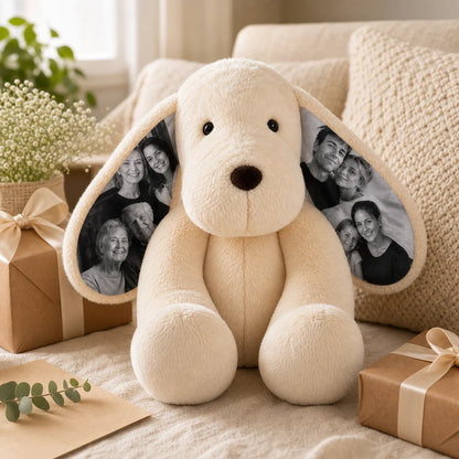 Personalized dog plush with photo ears gift scene