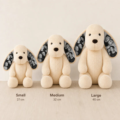 Size guide for personalized dog plush with photo ears
