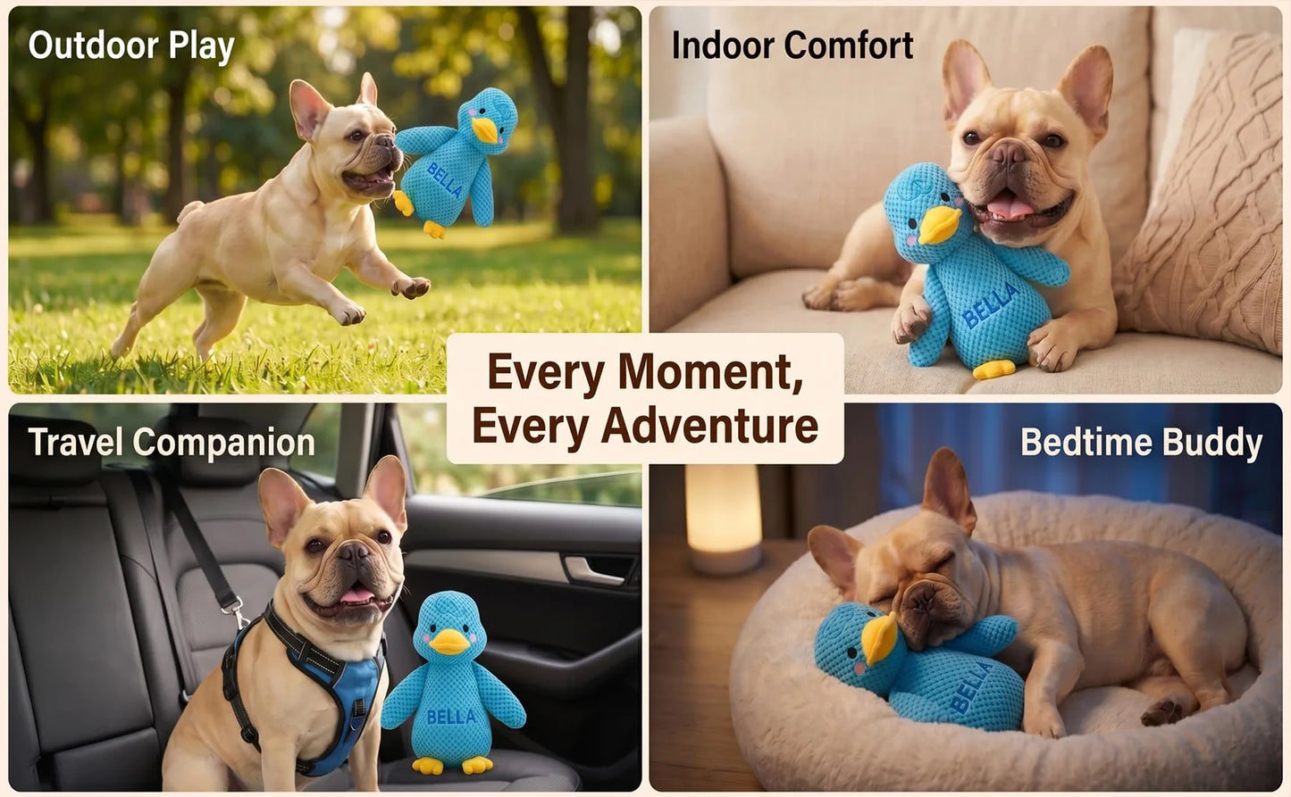 Personalized duck dog toy for outdoor play indoor comfort travel and bedtime