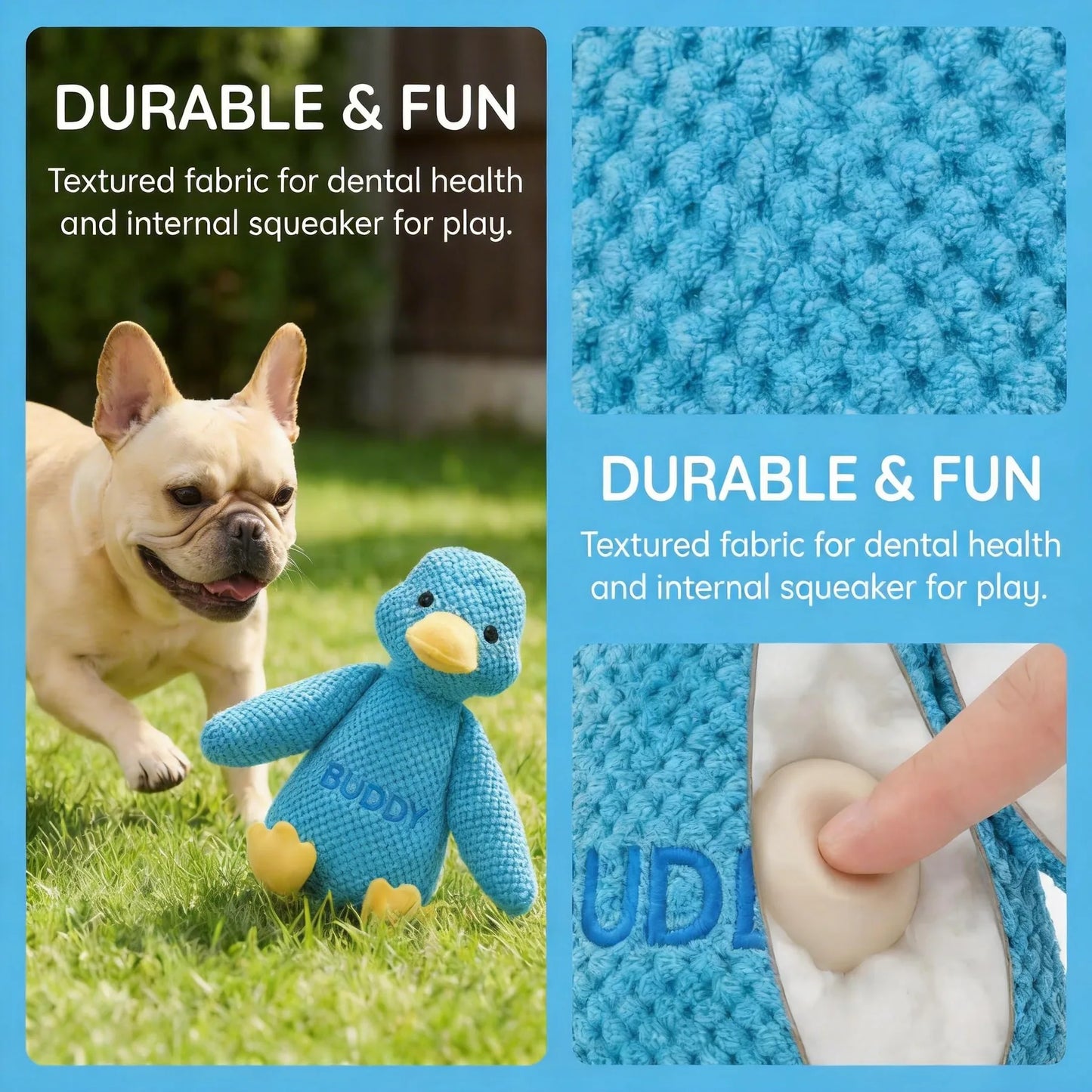 Pineapple textured personalized duck dog toy designed for chew play