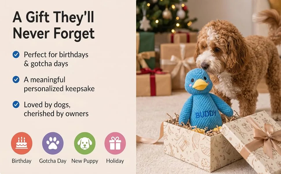 Personalized duck dog toy gift for birthdays gotcha days and new puppies