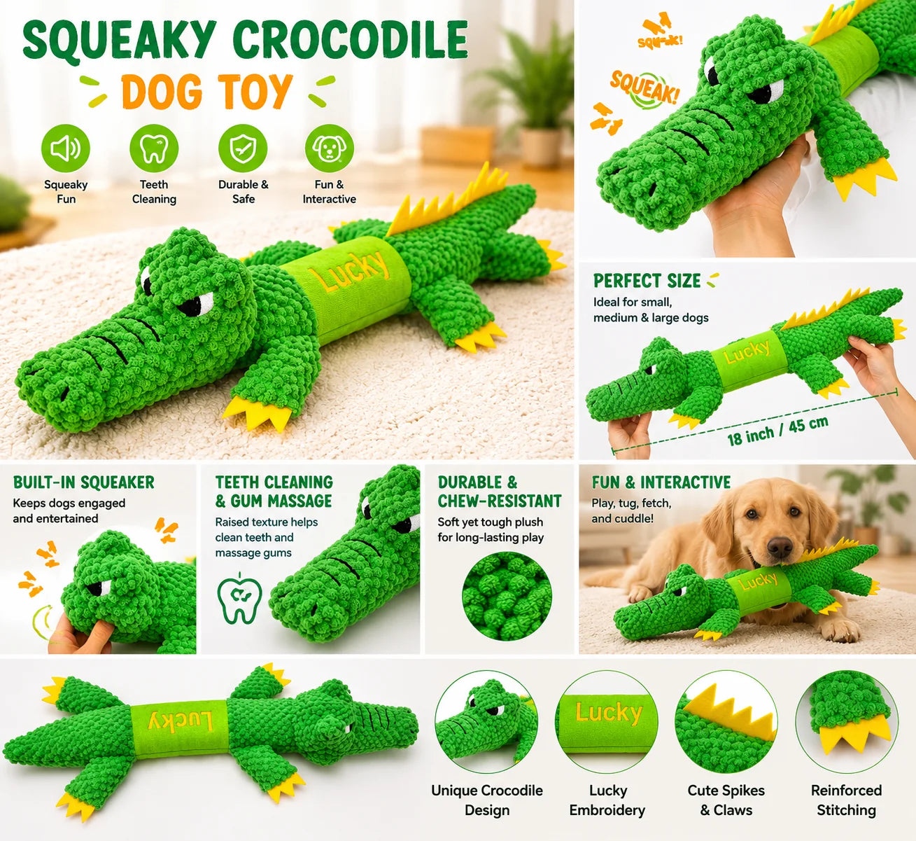 Squeaky crocodile dog toy features size and play details