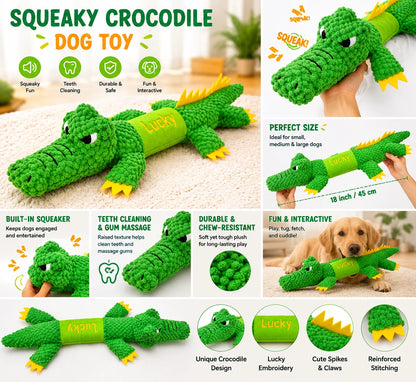Squeaky crocodile dog toy features size and play details